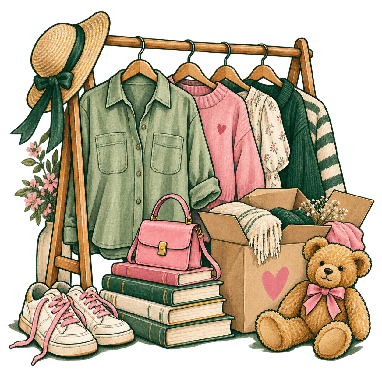 Pre-loved clothes, books, trainers and a teddy bear ready for a new home